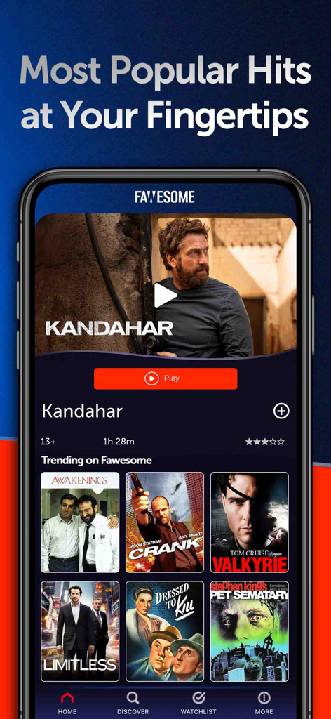 Écran de smartphone affichant la page d'accueil de l'application Fawesome avec des films gratuits tendance et des succès populaires
