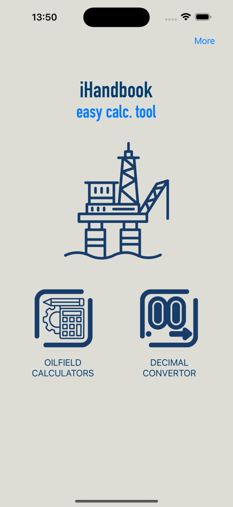 Main menu of OilField iHandbook app showing oilfield calculators and decimal converter options