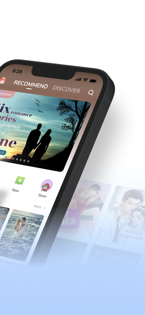 NovelToon app interface on a smartphone featuring recommended romance and fantasy stories