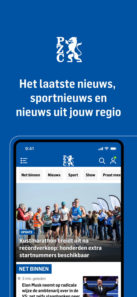 PZC nieuws - PZC news app on a smartphone displaying regional news and sports from Zeeland