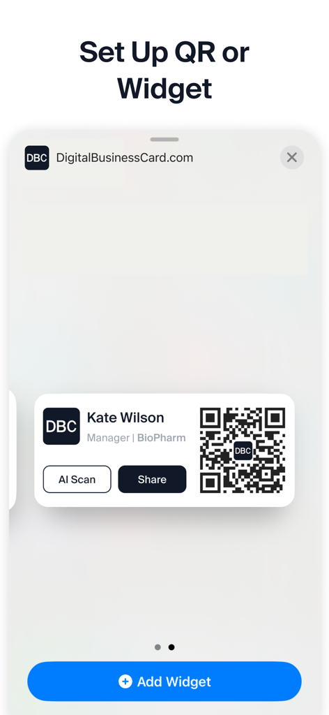 DBC: Digital Business Card - Uma tela mostrando como configurar um widget de cartão de visita digital com um código QR e detalhes de contato