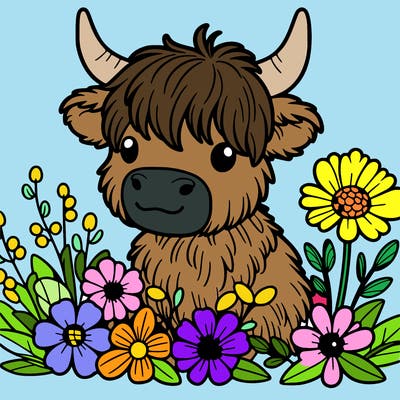 highland cow with flowers