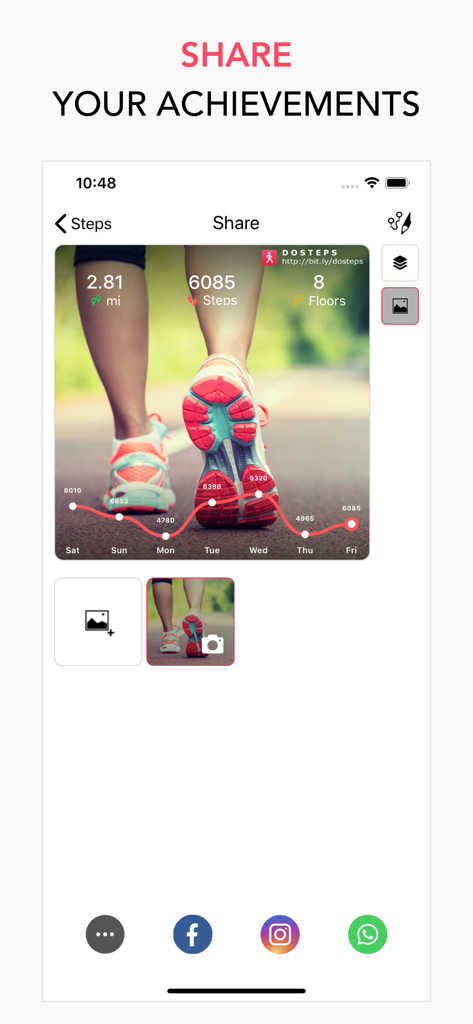 Step Counter Pedometer doSteps - A mobile app screen for sharing fitness achievements like step count and distance on social media.