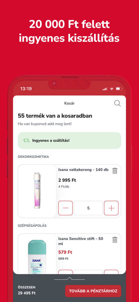 Rossmann - Shopping cart interface of the Rossmann app showing items for purchase and a free delivery notification.