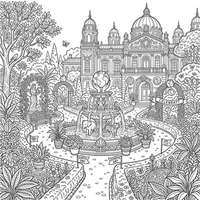Immerse yourself in a beautifully detailed palace garden, intricately designed to celebrate Earth Day. This captivating coloring page combines architectural grandeur with abundant nature, inviting you to add a splash of color to environmental stewardship.