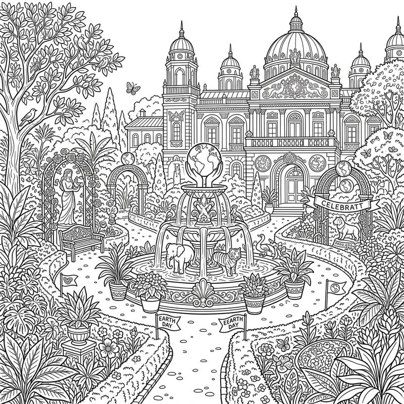 Immerse yourself in a beautifully detailed palace garden, intricately designed to celebrate Earth Day. This captivating coloring page combines architectural grandeur with abundant nature, inviting you to add a splash of color to environmental stewardship.