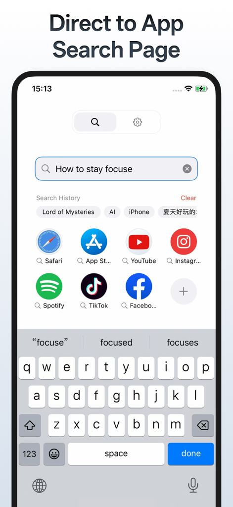 OnlySearch:DeepLink - iPhone screen displaying the OnlySearch app interface with a search bar and quick launch app icons like YouTube and Spotify