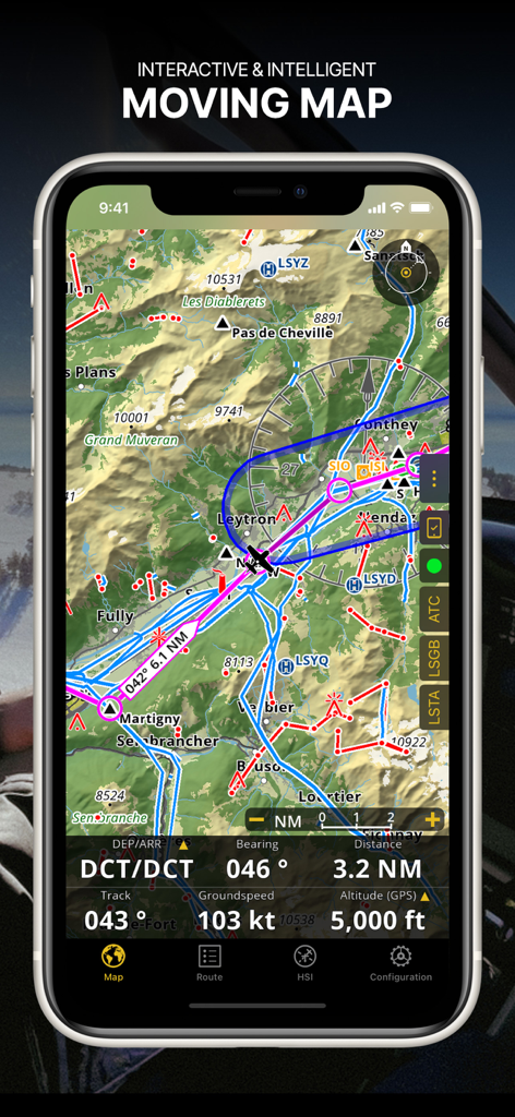 Air Navigation Pro - Air Navigation Pro app screenshot showing an interactive moving map with aeronautical charts and real-time flight data
