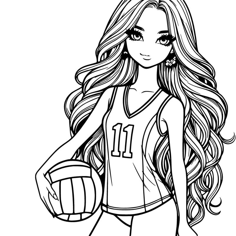 pretty model with long hair in a jersey holding a volleyball