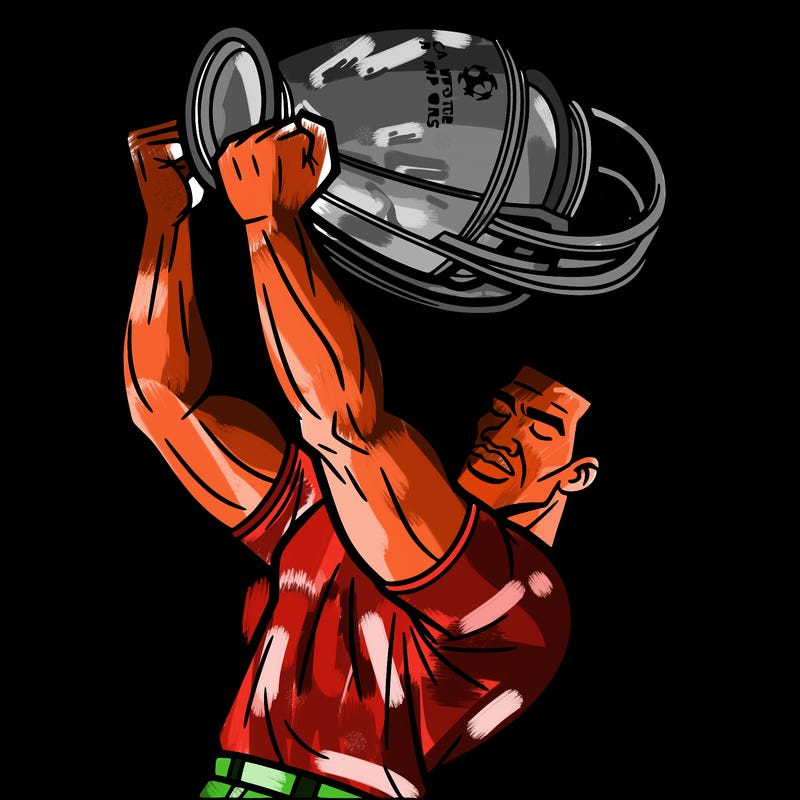 create a coloring picture of an african man lifting the champions league trophy