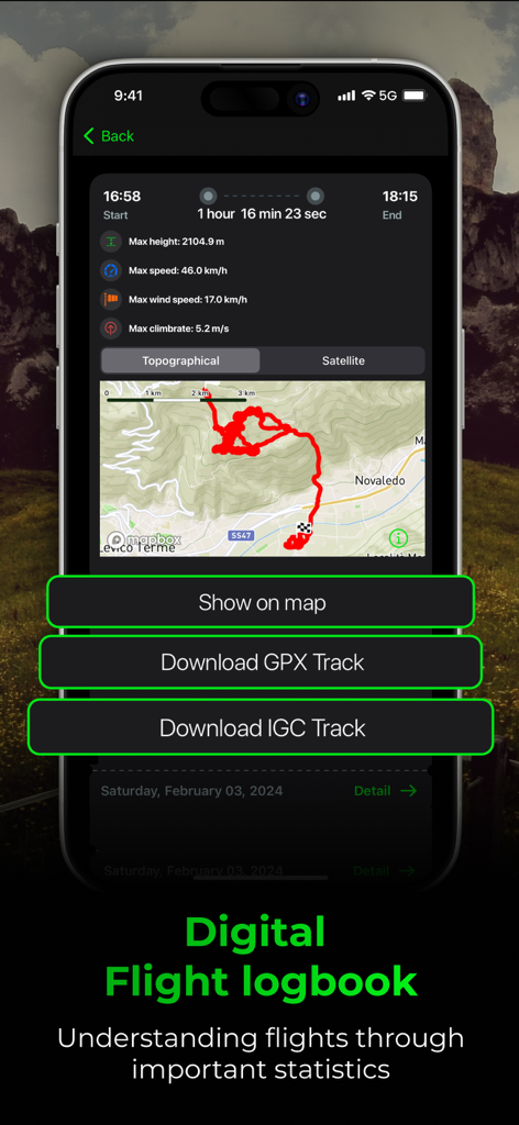 Digital flight logbook in the Vario One app showing flight statistics and a GPS track map for paragliding