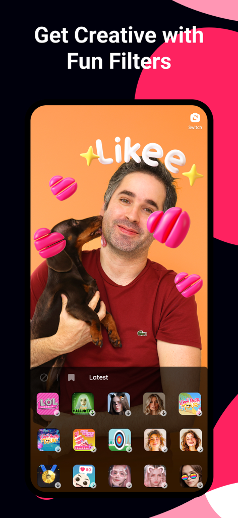 A user applying 3D stickers and creative filters to a video of a man and a dog in the Likee app