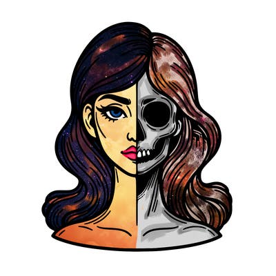 bust of a woman, half face and hair, half skull