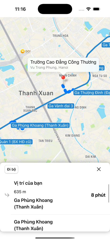 Metro Hanoi - Metro Hanoi app interface showing a walking route and directions to Phung Khoang station