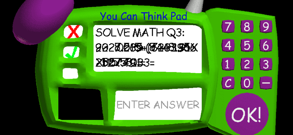 A green You Can Think Pad device showing a corrupted math question in the game Baldis Basics Classic.