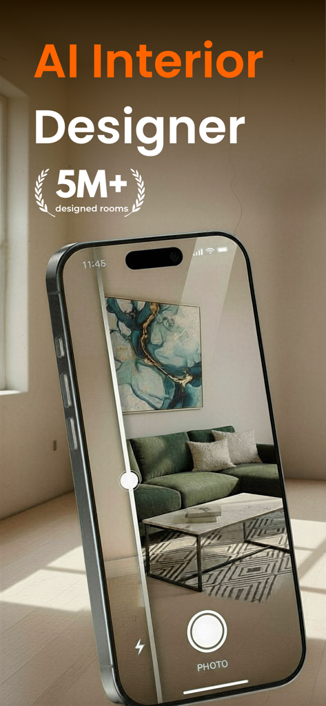 DecorAI: AI Interior Design - リビングルームのAI搭載インテリアデザインの変革を示すスマートフォンの画面。