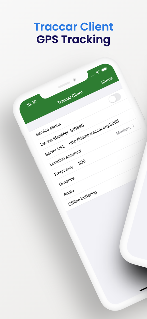 Traccar Client - Interface of the Traccar Client app showing GPS tracking configuration including server URL and device identifier