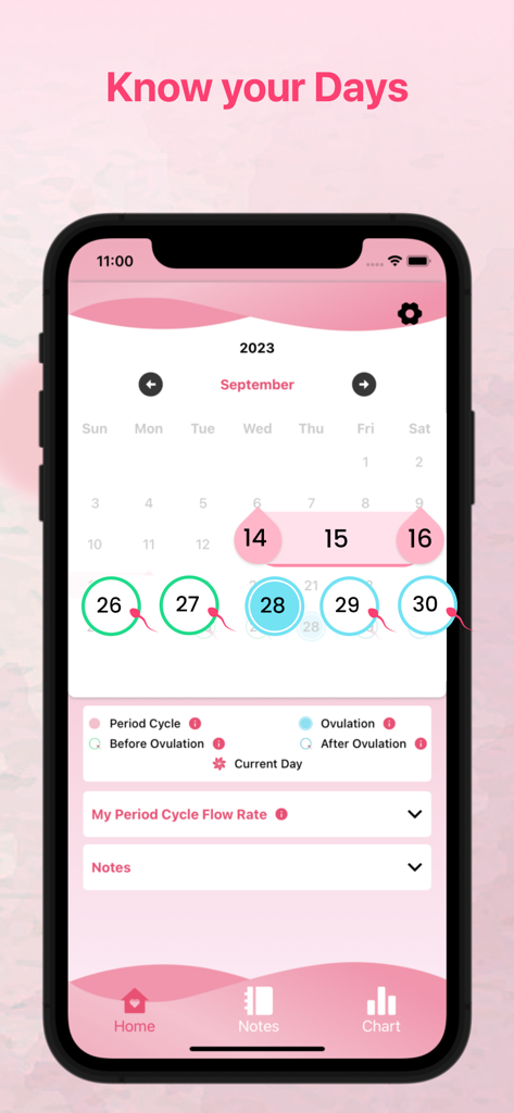 Ovulation + Period Tracker - Menstrual cycle calendar view showing period and ovulation tracking data