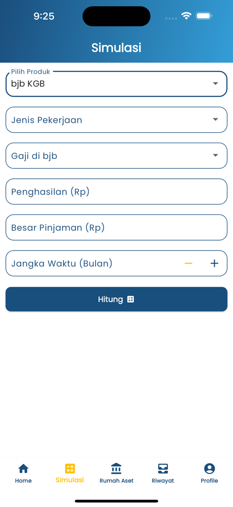 bjb DigiLoan - bjb DigiLoan mobile app screen for loan simulation with input fields for income, loan amount, and duration.