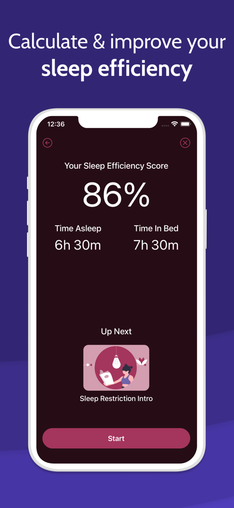 Restful App-Dashboard mit einem Schlafeffizienz-Score von 86 Prozent und Statistiken zur Schlafdauer.