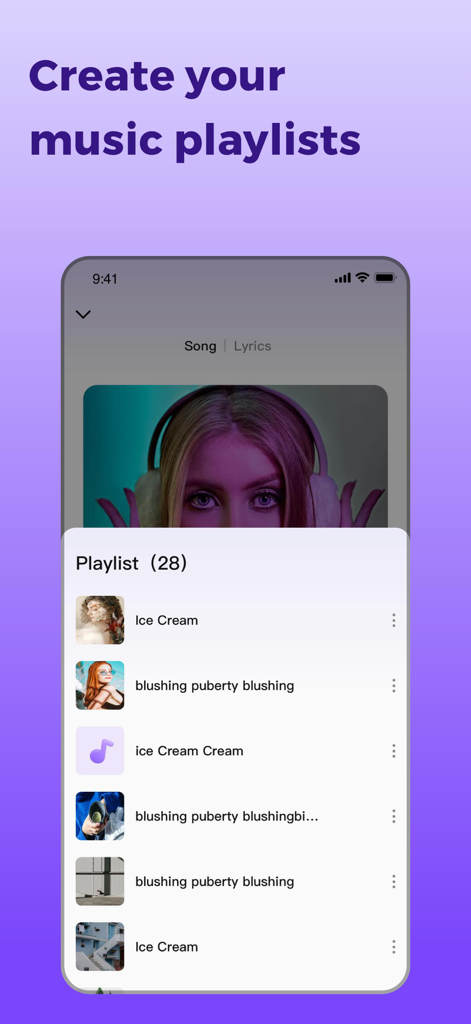 Interface of Music Muse app showing a list of songs in a user created playlist