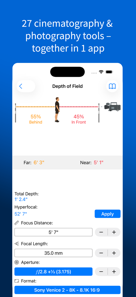 pCAM Pro - Film+Digital - pCAM Pro 앱 인터페이스에 심도 촬영 계산이 표시됨
