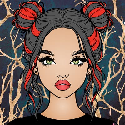 realistic girl with two buns in hair and lips