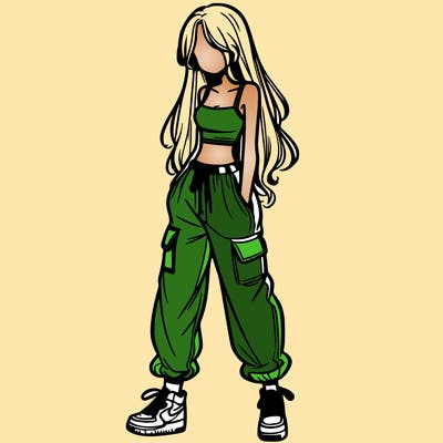 girl in baggy pants crop top and long hair