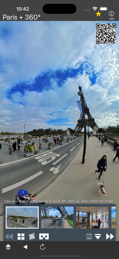 A 360 degree panoramic virtual tour view of the Eiffel Tower in Paris on a mobile app interface