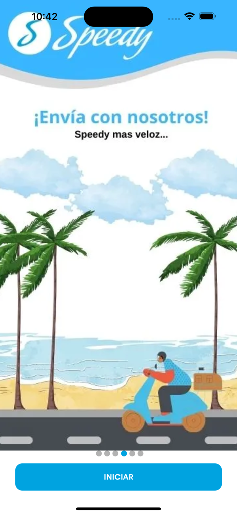 Speedyアプリのウェルカムスクリーン。カリブ海のビーチ沿いをスクーターに乗った配達員が描かれたイラスト付き。