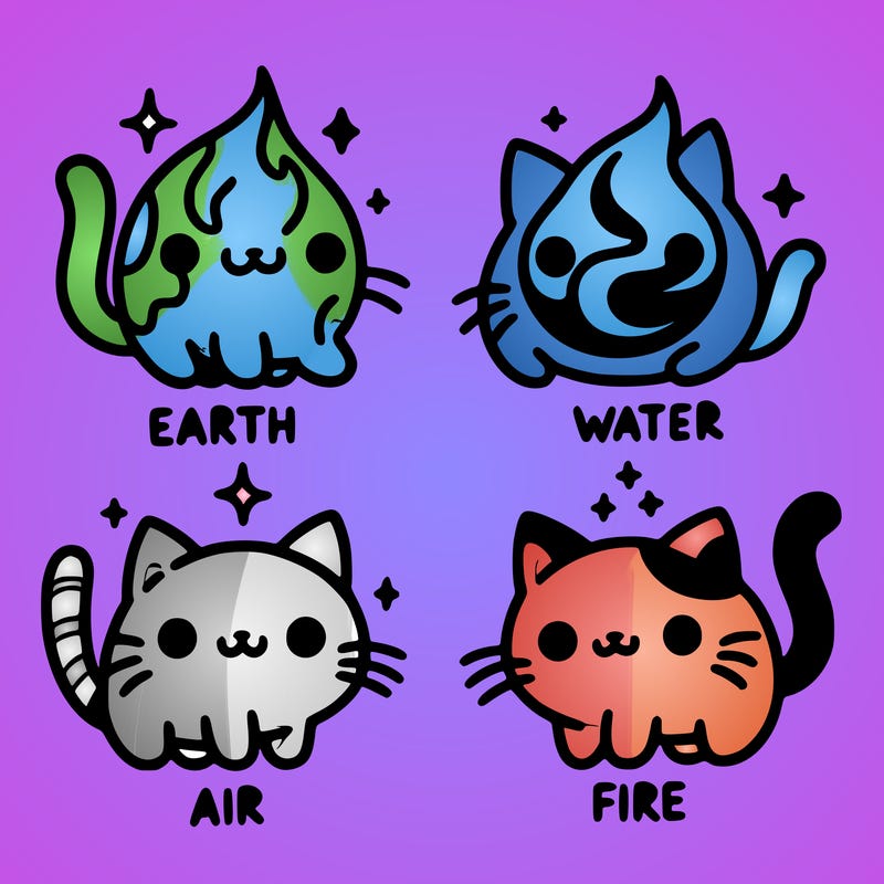 4 cats that represent the different elements, earth, water, air, and fire