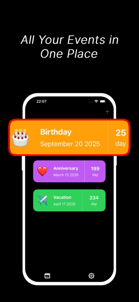 CountDownIt - Countdown App - CountDownIt App-Bildschirm, der eine Liste kommender Ereignisse anzeigt, darunter Geburtstag, Jahrestag und Urlaub mit verbleibenden Tagen