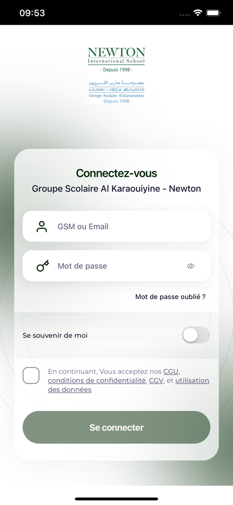 Newton - Al Karaouiyine - Tela de login do aplicativo móvel da escola Newton Al Karaouiyine