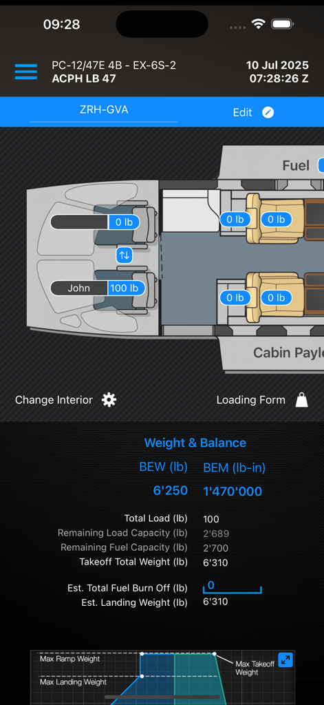 PC-12 Calculator - Pilatus PC-12 aircraft weight and balance calculation screen showing cabin layout and loading data