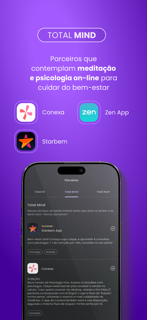 TotalPass - TotalPass app screen showing meditation and online psychology partners for mental well-being