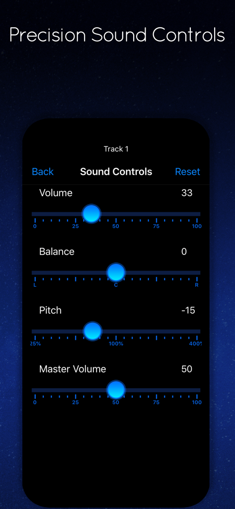 Sleep Machine - Interface do aplicativo Máquina de Dormir mostrando controles de som de precisão para volume, equilíbrio e tom.