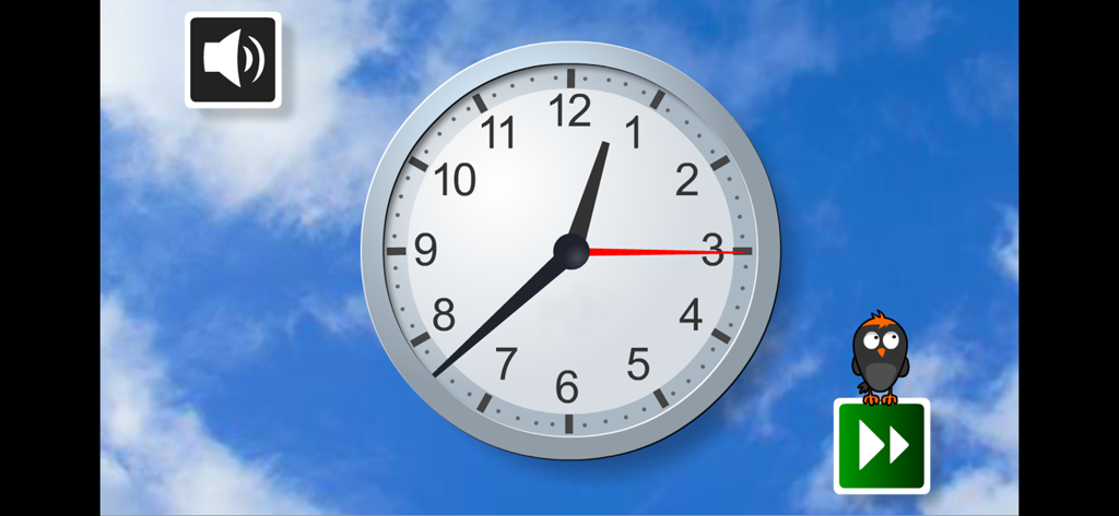 An analog clock showing the time against a blue sky background in the Moji educational app