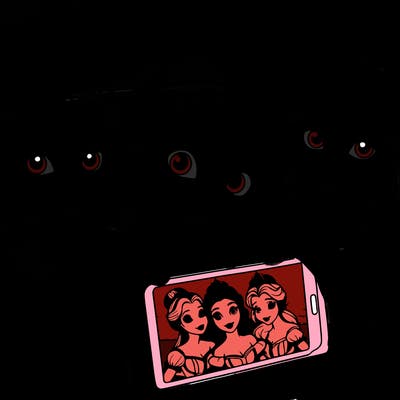 fairytale princesses who take a selfie together realistic