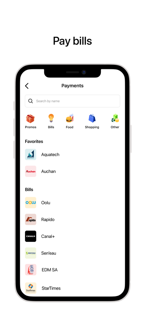 Screenshot of Wave mobile money app showing the payments screen with options for various bills like water and electricity.