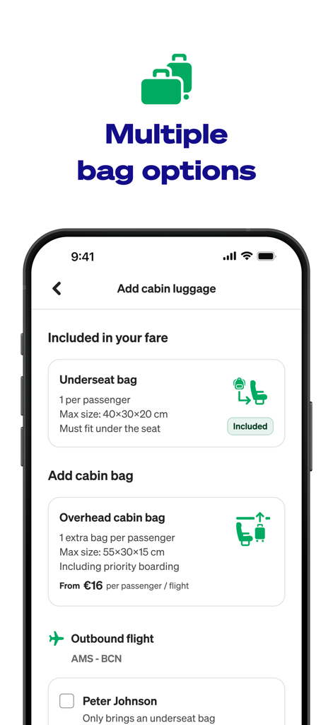 Transavia - Screenshot of the Transavia mobile app showing cabin luggage selection screen with options for underseat and overhead bags