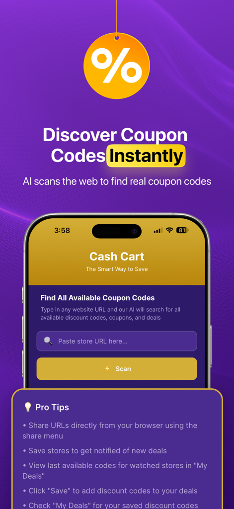 Smartphone screen displaying the Cash Cart AI app interface for finding and scanning discount codes.