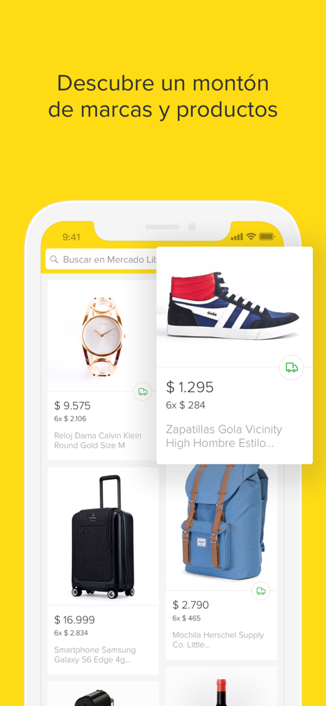 Mercado Libre: Compras Online - Interface de l'application mobile Mercado Libre montrant divers produits, notamment des baskets, des montres et des sacs avec leurs prix