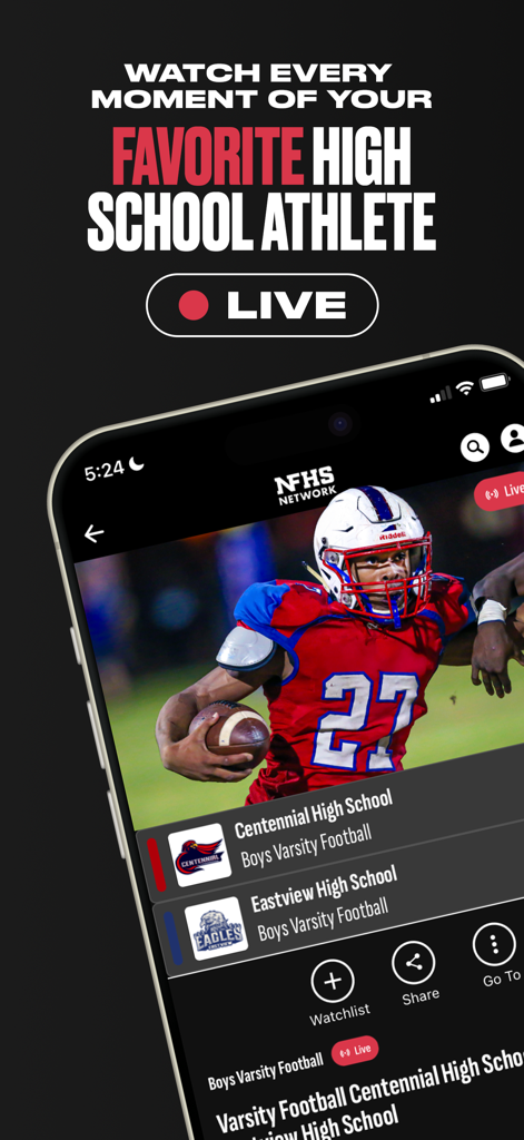 Die Benutzeroberfläche der NFHS Network-App zeigt einen Live-Stream eines Highschool-Varsity-Football-Spiels mit Schullogos