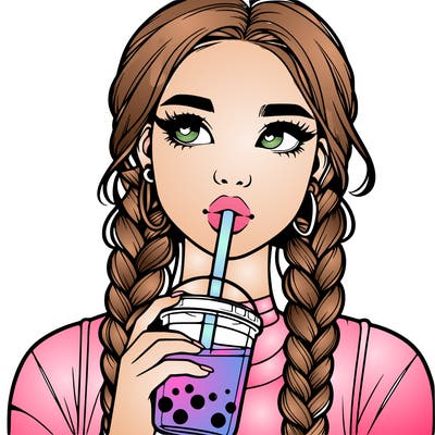 realistic girl with braided hair drinking boba