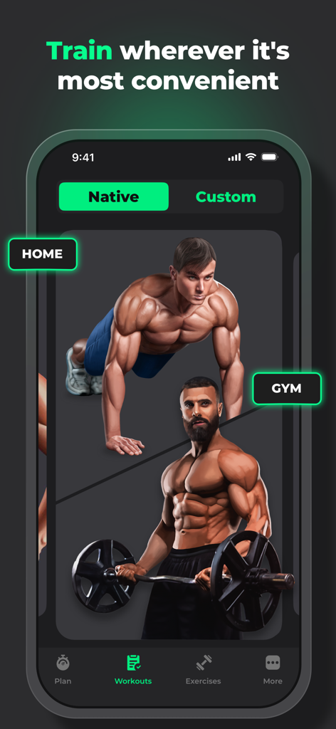 ProFit: Workout Planner - Interfaz de ProFit Workout Planner que muestra opciones para entrenamiento en casa y en el gimnasio