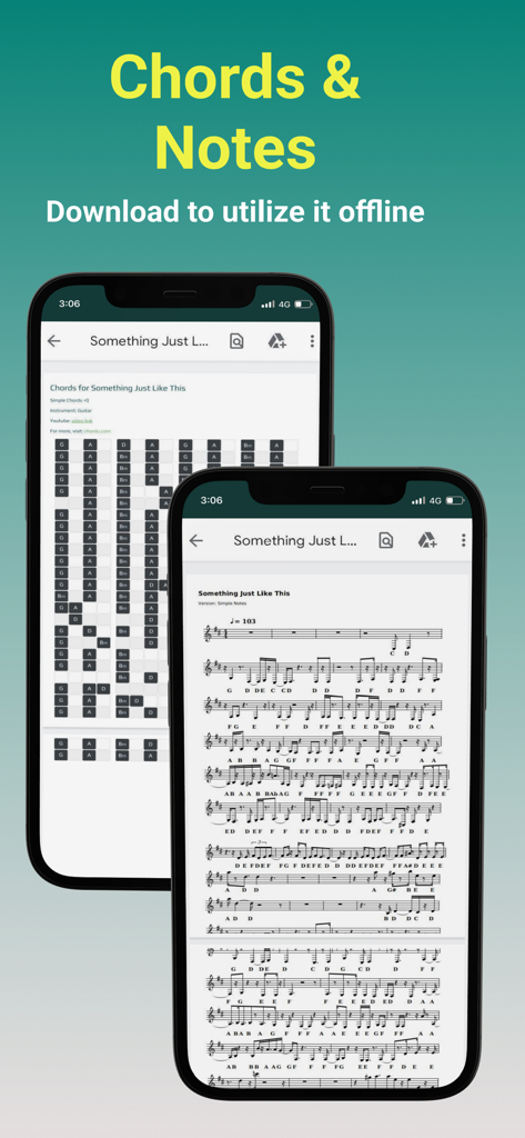 ChordU - get chords & notes - ChordU app interface showing song chords and sheet music with offline download option