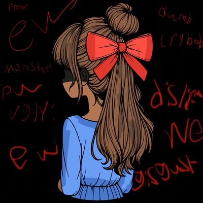 realistic girl  with hip length hair a bun and a big bow on the back of head