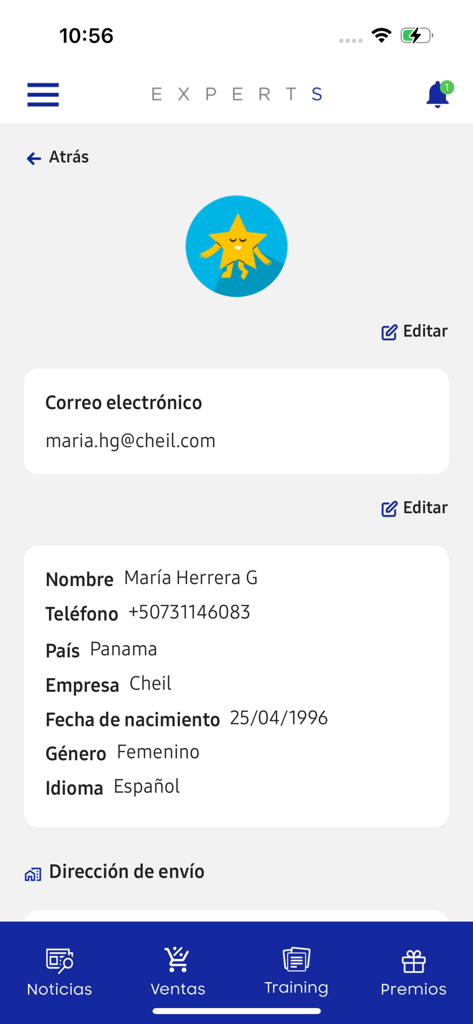 Experts APP - User profile screen in the Experts APP displaying personal information and contact details.
