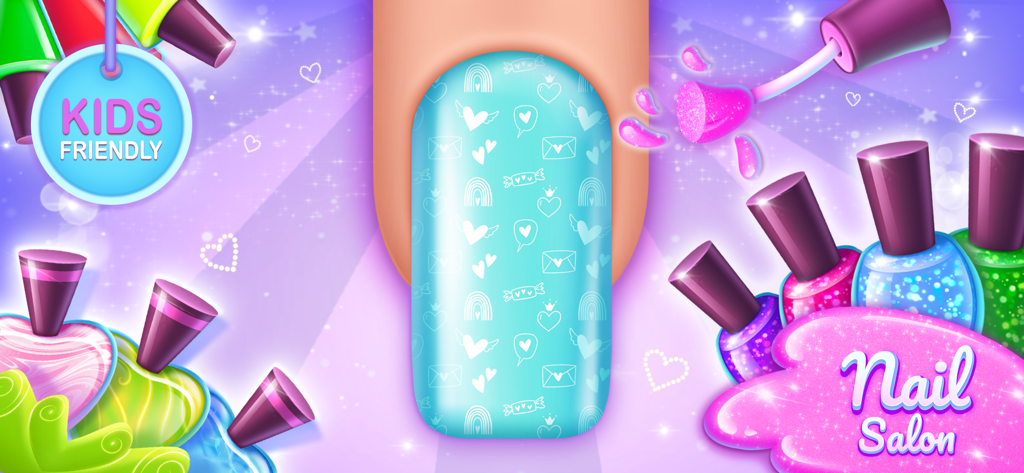 Nail Salon Games For Kids - Una interfaz de juego de arte de uñas creativo para niños con una uña decorada de color azul claro rodeada de coloridas botellas de esmalte con purpurina.