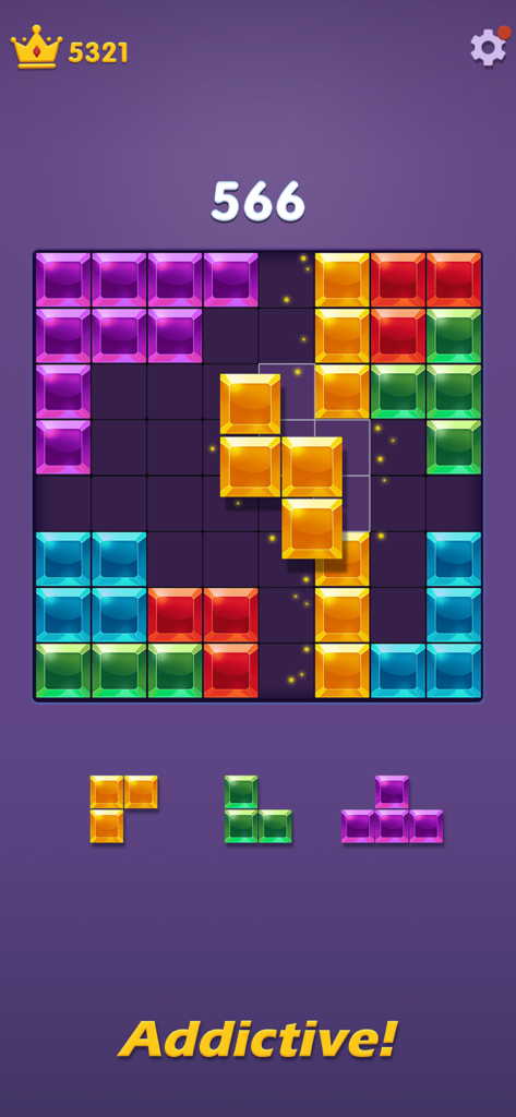 Gameplay of Block Puzzle Gem Blast showing colorful jewel blocks on an 8x8 grid